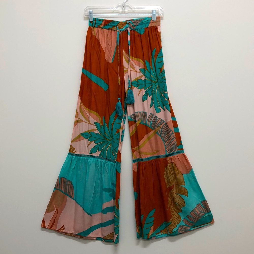 NEW True Destinations Boho Tropical Floral Wide Leg Flowy Palazo Pants Size XS